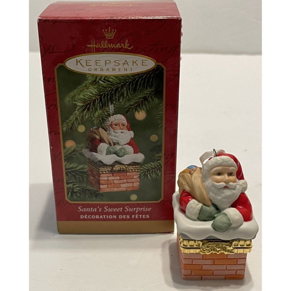 Vtg 2001 Hallmark Santa Christmas Tree Ornament Chimney Trinket Box Milk Cookies